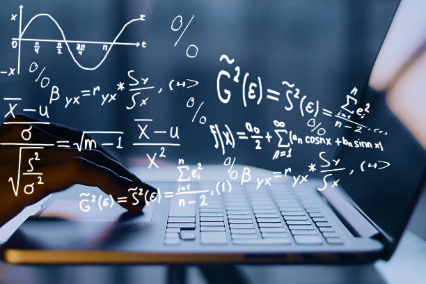 image of hands typing on a laptop, surrounded by overlays of mathematical equations